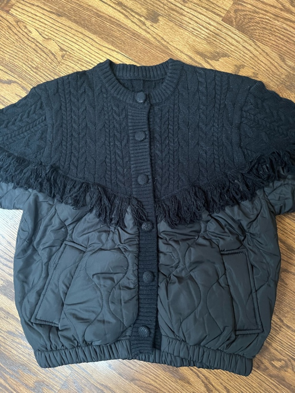 Commense Black Quilted Bottom Fringe Cable-Knit Cardigan